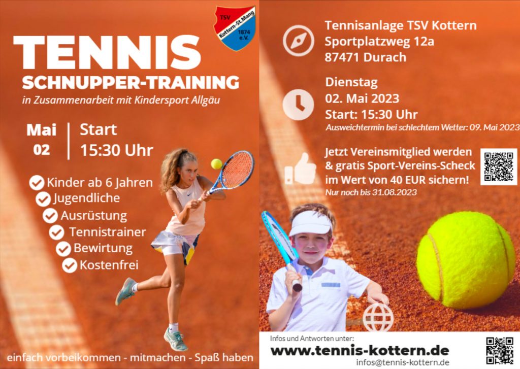 20230425 Flyer Schnuppertraining Kinder Jugendliche TSV Kottern Tennis